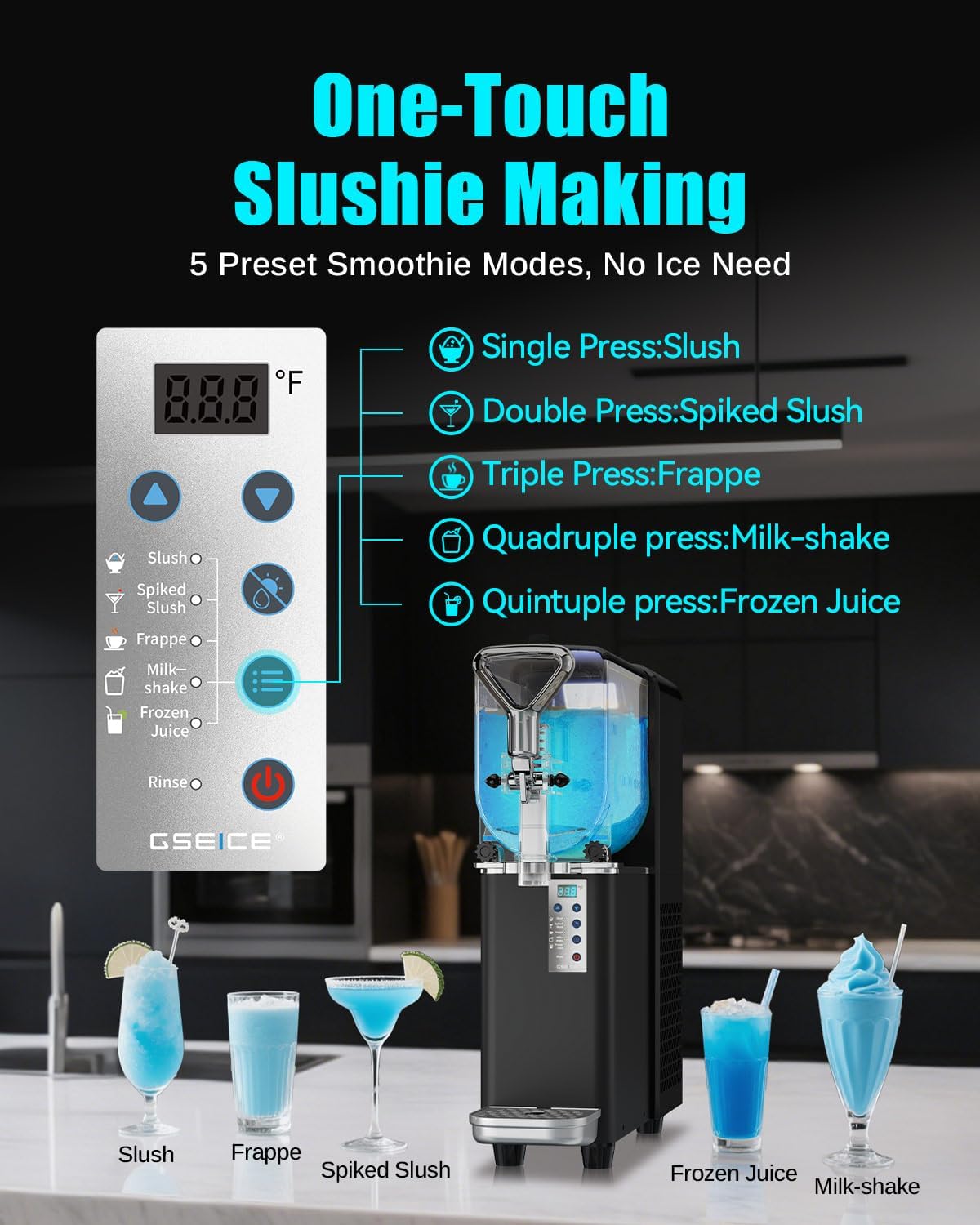 Control panel of the GSEICE Slushie Machine showing 5 preset modes: Slush, Spiked Slush, Frappe, Milk-shake, Frozen Juice, and Rinse function.