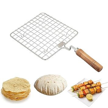 KSJONE Stainless Steel Multi-Functional Wire Steaming Cooling and Baking Barbecue Rack Square Wire Roaster Rack/Papad Jali/Roti Grill Round Shape with Wooden Handle