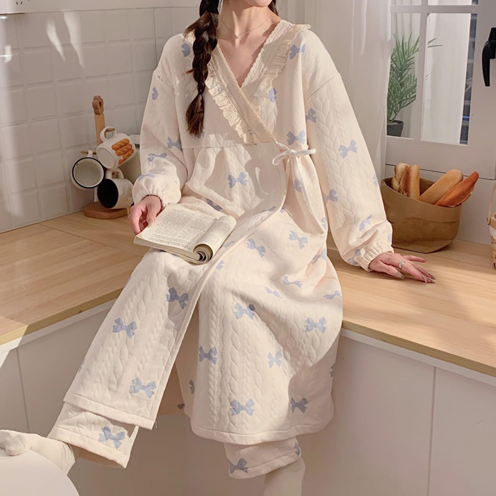 Conjunto de pijama de maternidad de invierno de algodón suave con capas térmicas para el embarazo, cómodo, vestido de noche suelto, ropa de dormir para el hogar, ropa de descanso de algodón