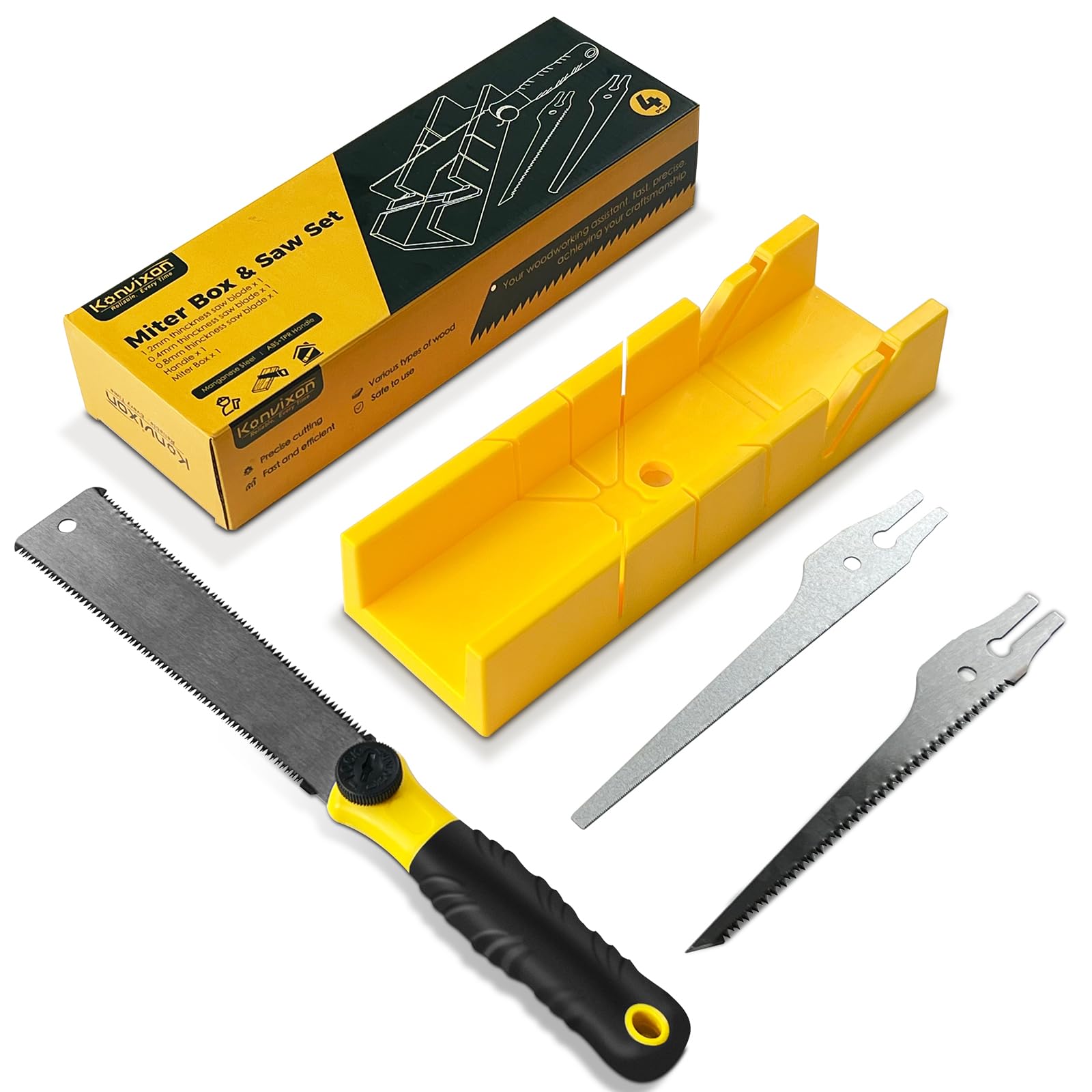Konvixon 4-Piece Miter Box and Saw Set, 300mm Mitre Box with 3 Mitre Saws for Precise Miter and Bevel Cuts, Miter Box with Saw Included for Woodworking, Crafting and Carpentry