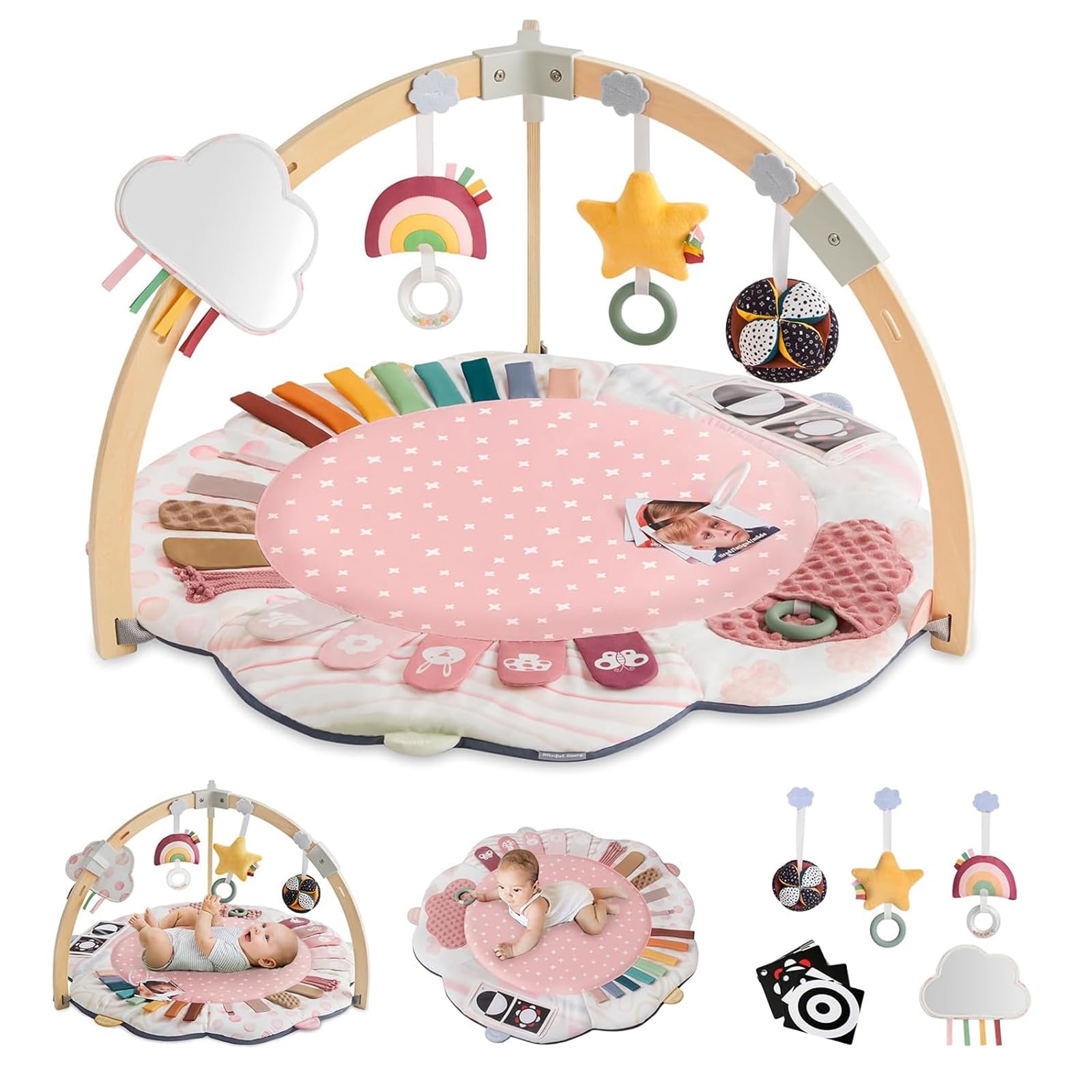 Blissful Diary Baby Play Gym Activity Mat 5 Developmental Zones Wooden Tummy Time Mat with 5 Detachable Sensory