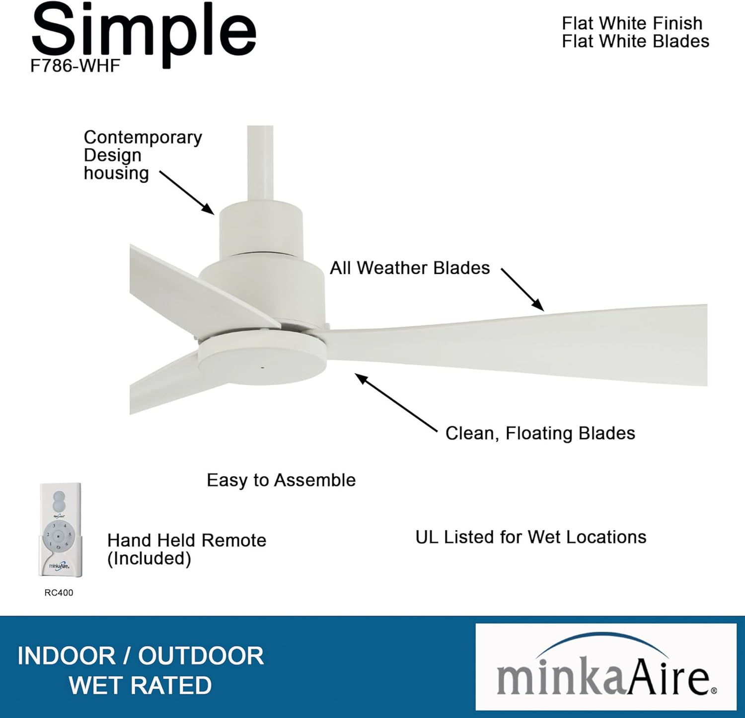 Minka-Aire 44" LED CEILING FAN, Flat White