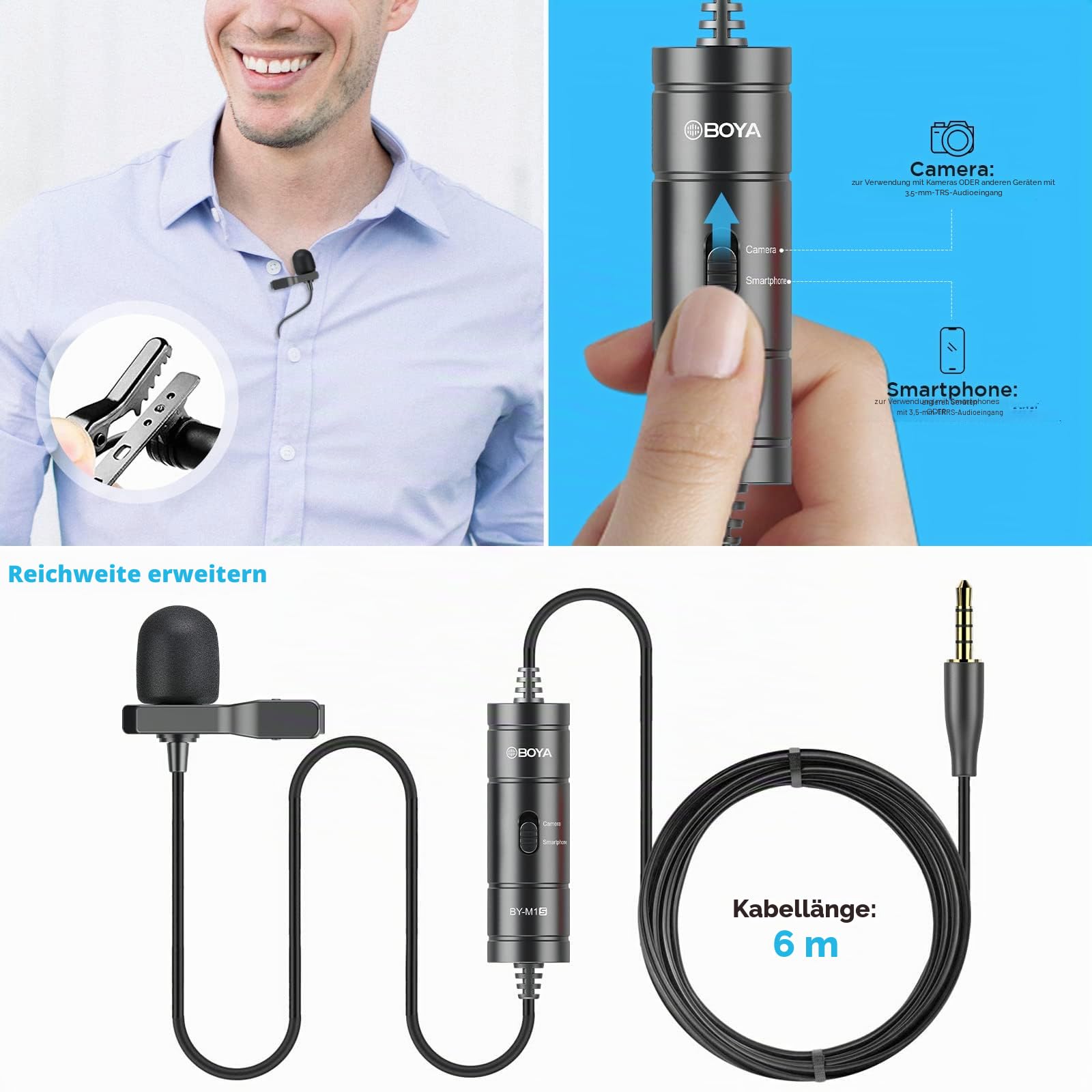 BOYA BY-M1S Professionelles Lavalier-Revers-Mikrofon Omnidirektionales Kondensatormikrofon für iPhone, Android, Smartphone, DSLR, Camcorder, Audio-Recorder, PC Laptop Aufnahme