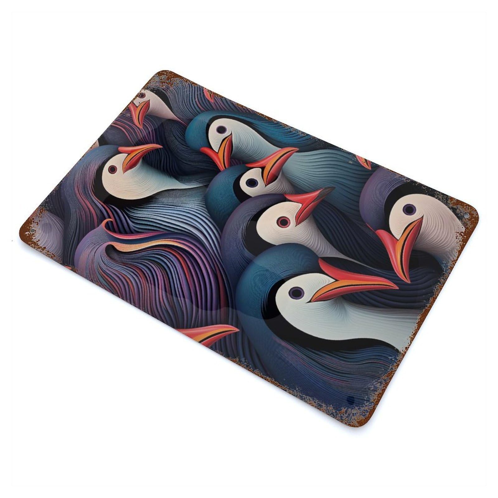 Intense Penguins Gaze 11.8"x7.9" Rust Effect Tin Sign, Decorative Metal Wall Art for Garage, Bar And Workshop Decor