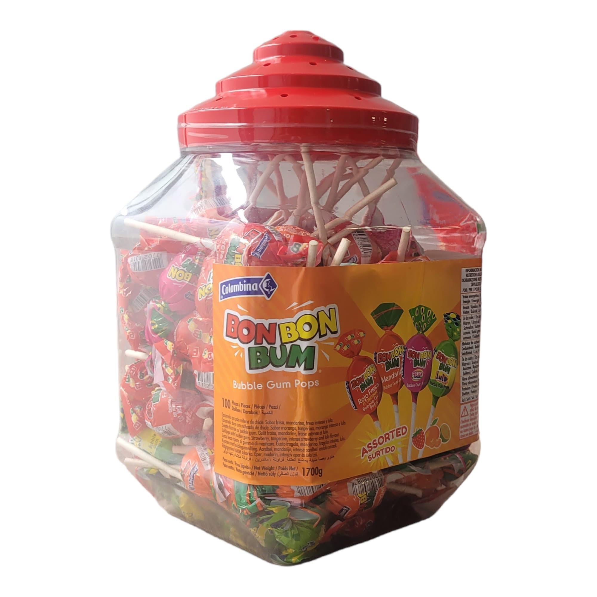 Tarro - Paquete de 100 Unidades - Colombina Bon Bon Bum - Paletas con centro de goma de mascar surtido, paletas de 4 sabores Lulo, fresa, fresa Roja y mandarina, Bote de 1700 gr. (100 unidades)