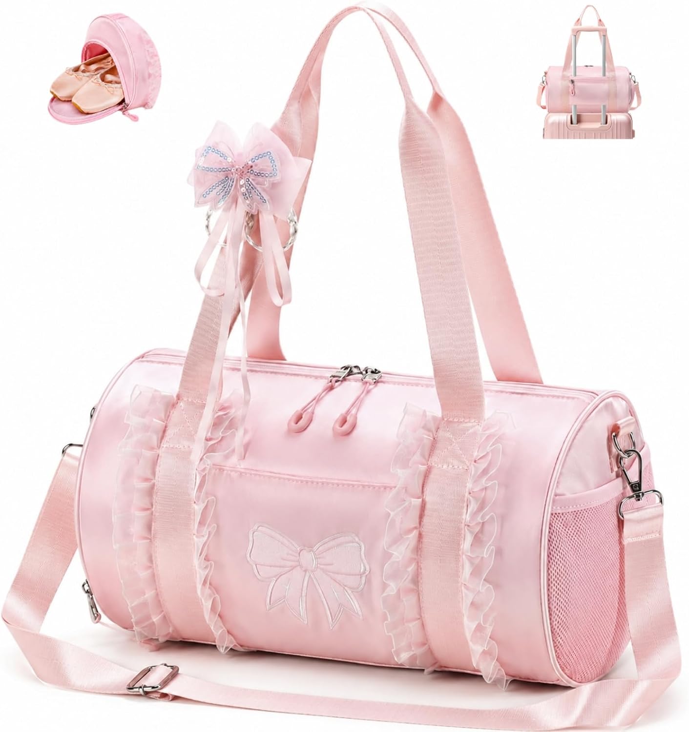 CAMTOP Girls Dance Duffle Bag with Shoe Compartment, Ballet Gymnastics Bag for Girls 4-6, Toddler Travel Overnight Sports Bag with Strap, Cute Ballerina Gift (Pink)