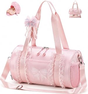 CAMTOP Girls Dance Duffle Bag with Shoe Compartment, Ballet Gymnastics Bag for Girls 4-6, Toddler Travel Overnight Sports Bag with Strap, Cute Ballerina Gift (Pink)