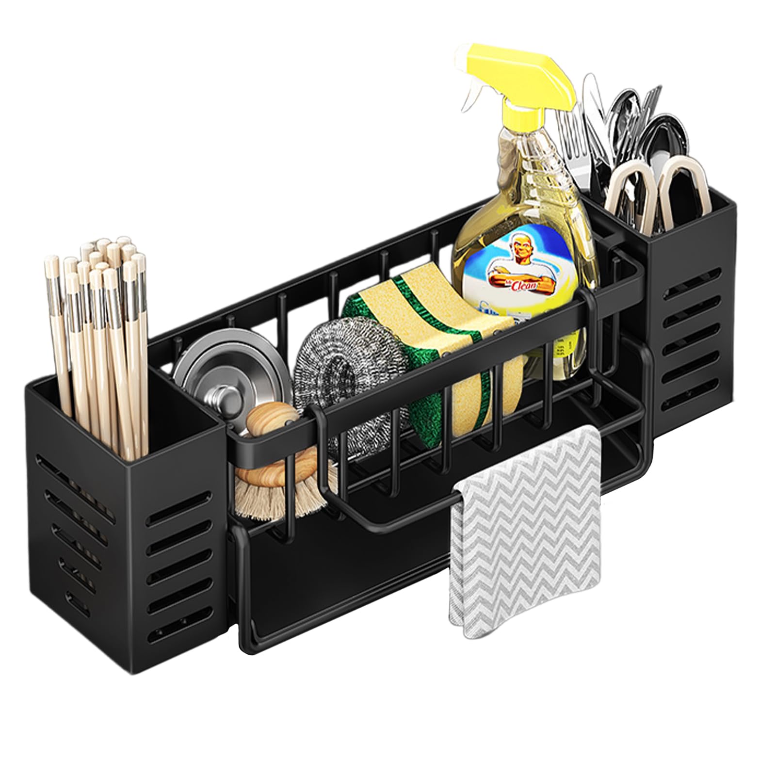 Sink Caddy, Self-draining Sponge Holder Multifunctional Kitchen Sink Organiser with Removable Dish Cloth Hanger and Cutlery Storage Rack Brush Drainer Rack for Countertop Kitchen Storage, Organisation