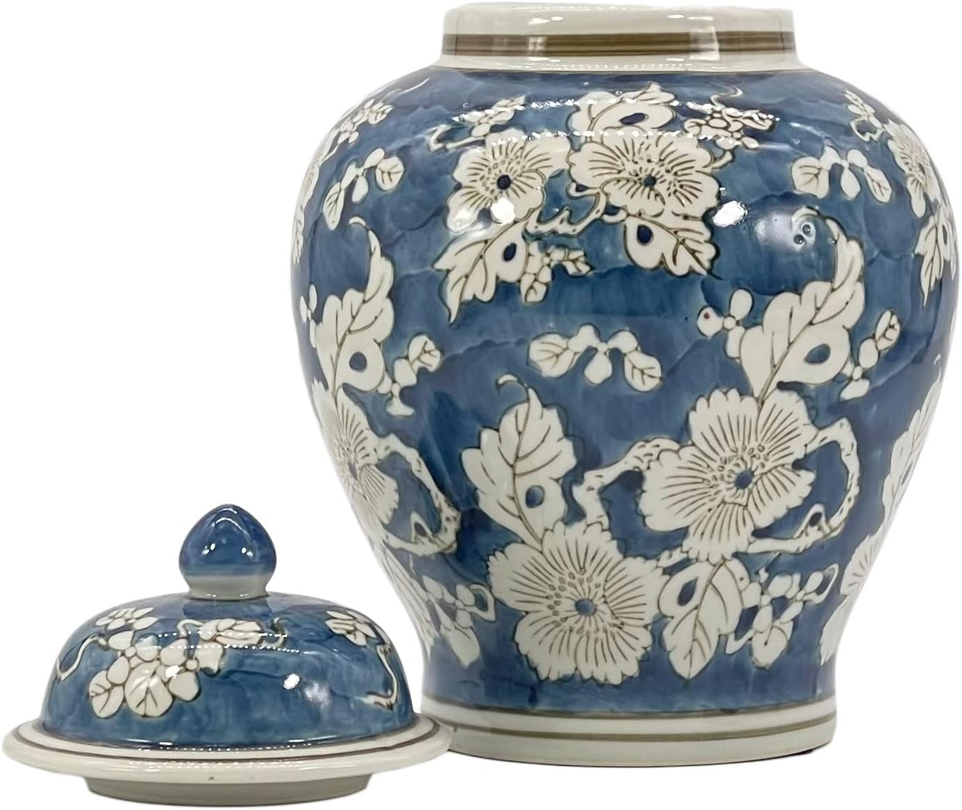Galt International Blue and White Flower Chinoiserie Ginger Jar 12" w/Lid Ginger Jar, Tea Storage Decorative Home Decor Jar