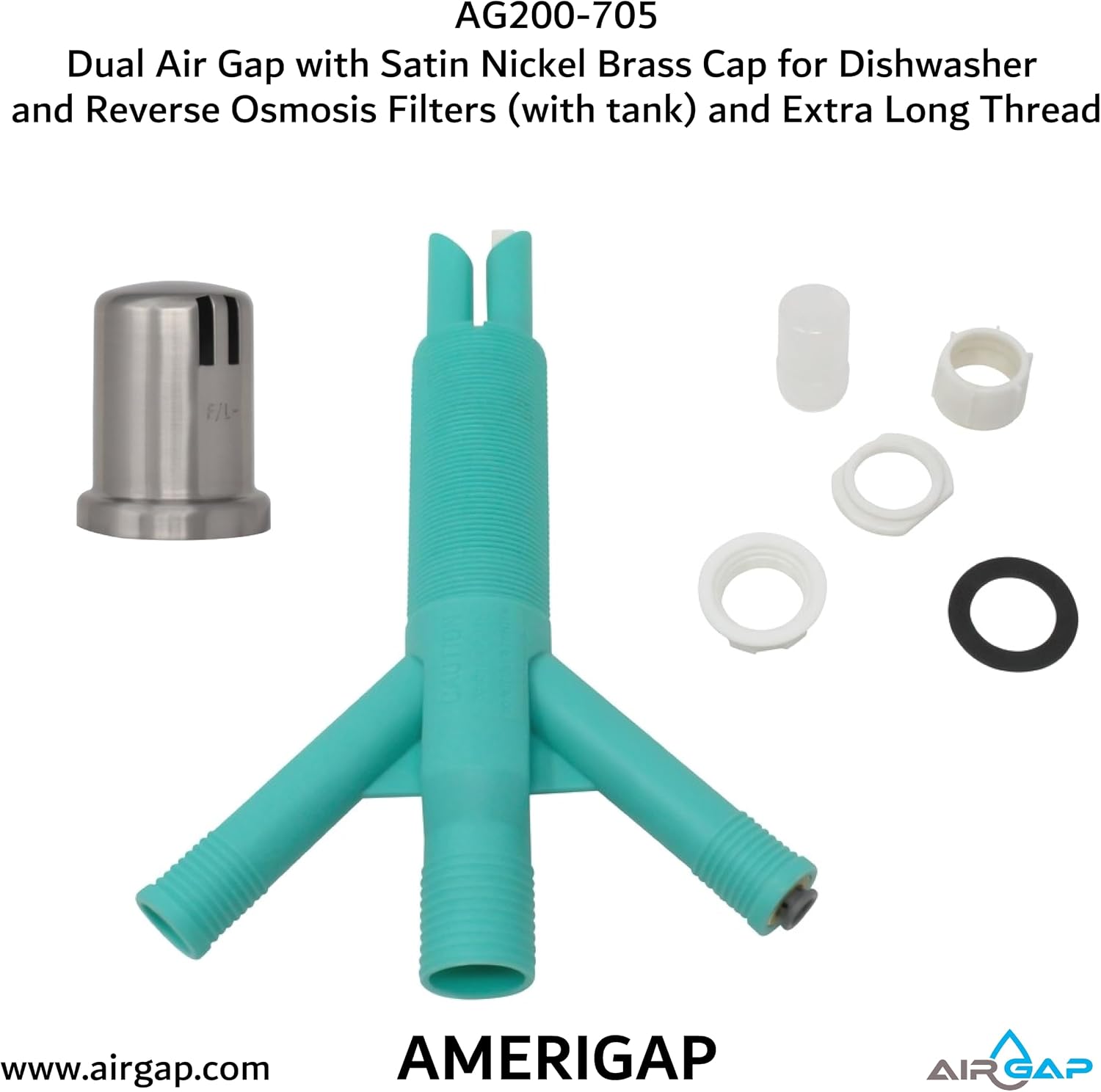 Dual Air Gap with Satin Nickel Brass Cap for Dishwasher and Reverse Osmosis Filters (with tank) and Extra Long Thread (AG200-705, AG200-X05, AMERIGAP)