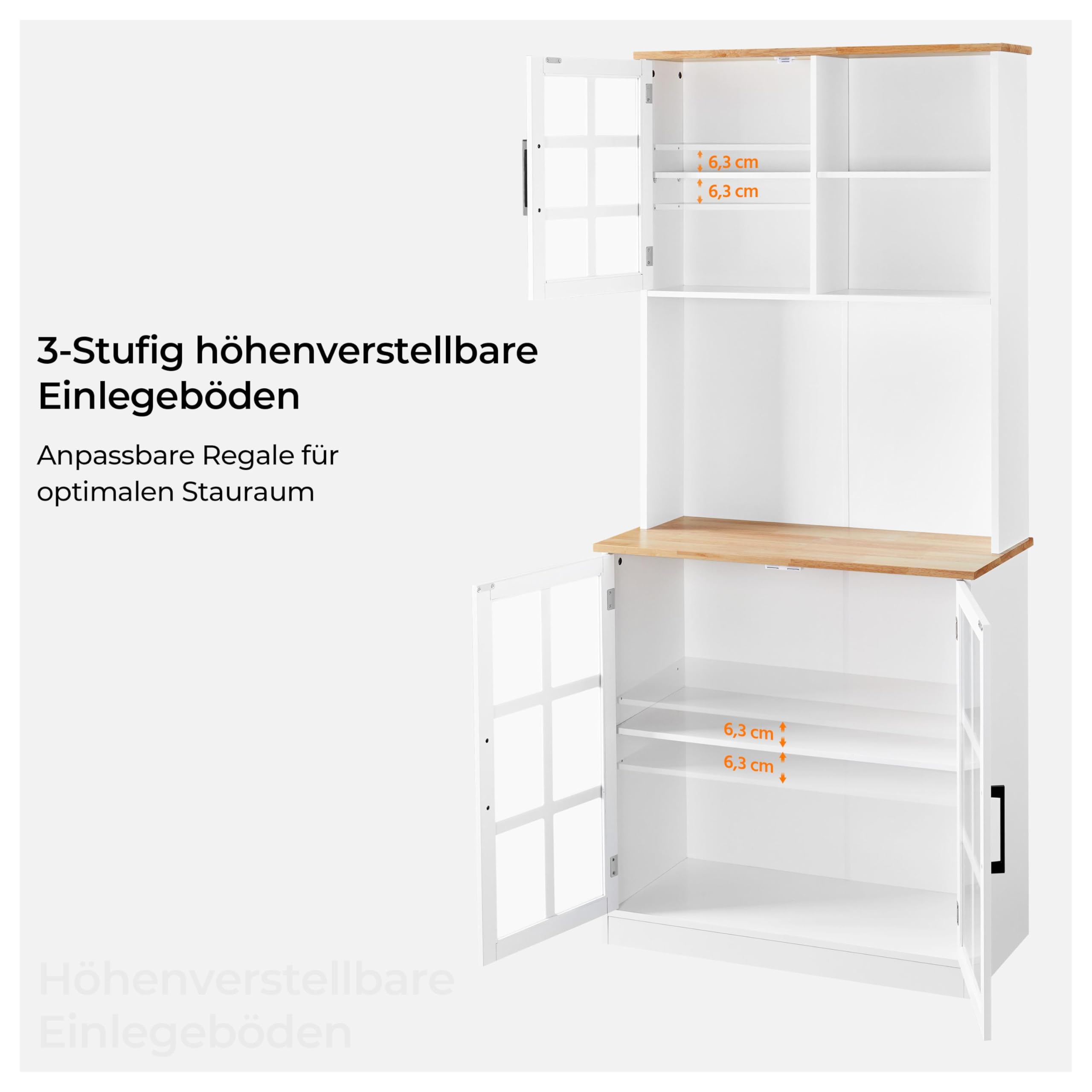 Yaheetech Küchenschrank, Hochschrank mit Schrank, Mehrzweckschrank mit verstellbaren Einlegeböden, Vorratsschrank mit Glastüren, Geschirrschrank mit Offenen Ablagefächer, Weiß
