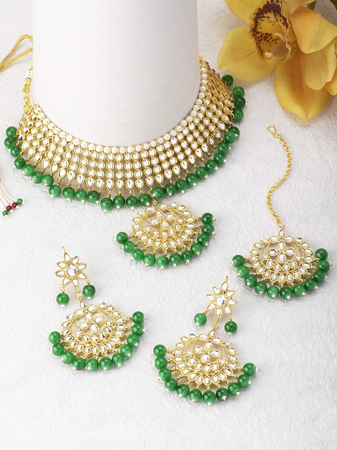 Aheli Indian Traditional Maang Tikka with Kundan Necklace Earrings Set Ethnic Wedding Bharatanatyam jewellery set Gift for Women