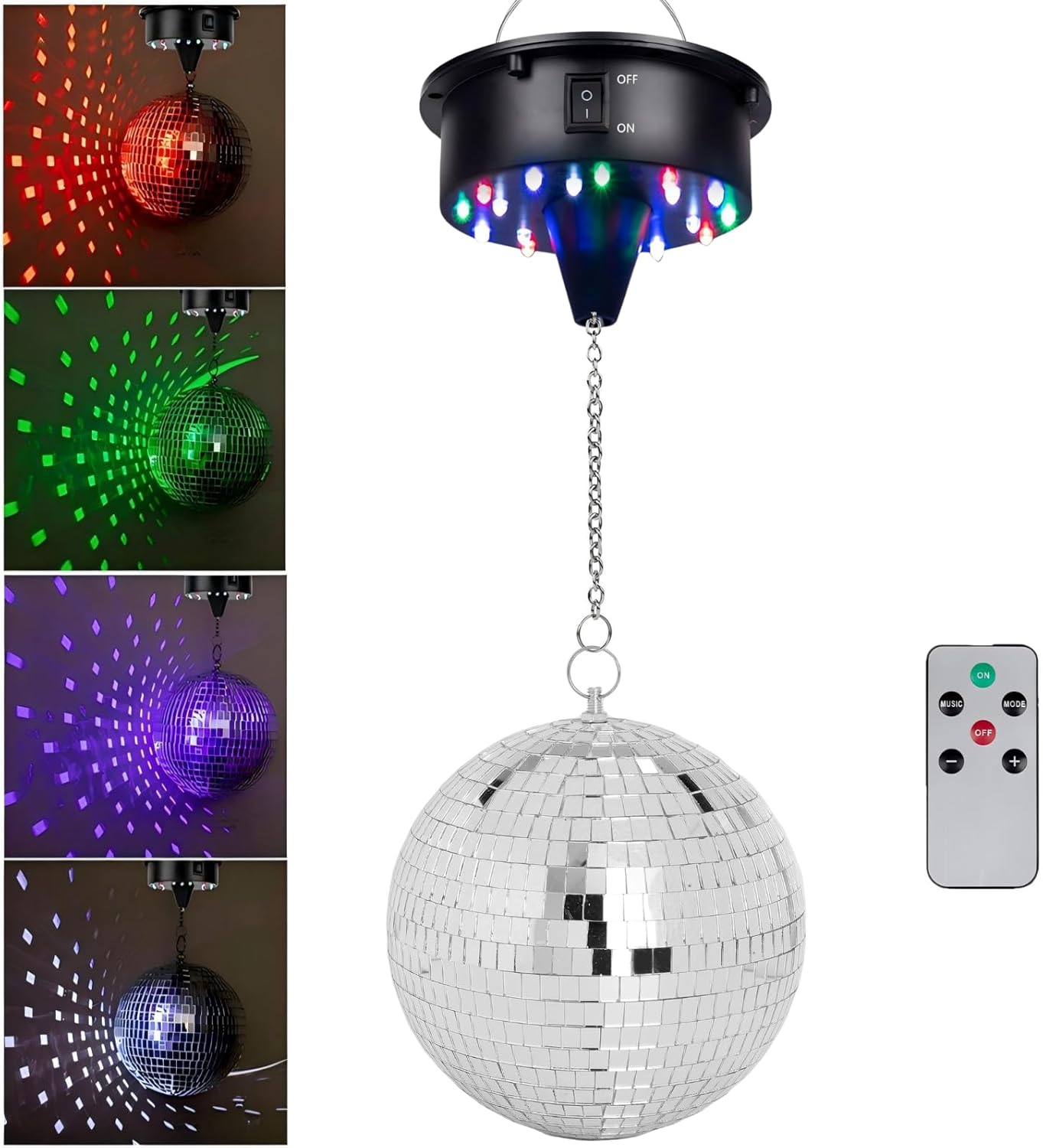Rotating Disco Ball with Motor and Light: 8 Inch Mirror Disco Ball and Battery Operated 6 RPM Hanging Disco Ball Motor - 18RGBW Led Light Up Disco Balls Spinner with Remote for Parties Home Decor Wedd