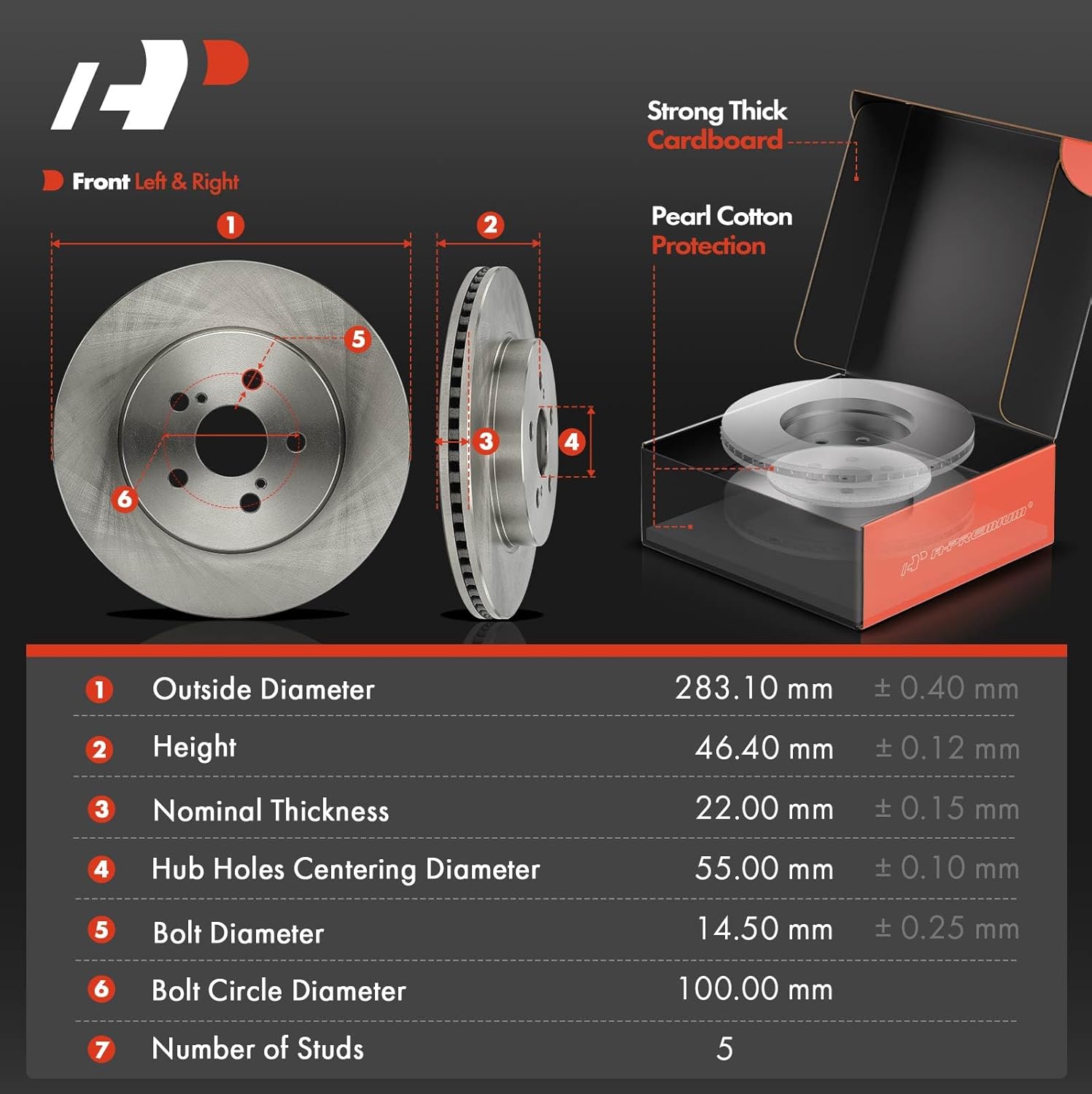 A-Premium 11.14 inch (283.1mm) Front Vented Disc Brake Rotors + Ceramic Pads Kit Compatible with Select Toyota Models - Corolla 2019-2022, Prius Prime 2020-2022, 6-PC Set