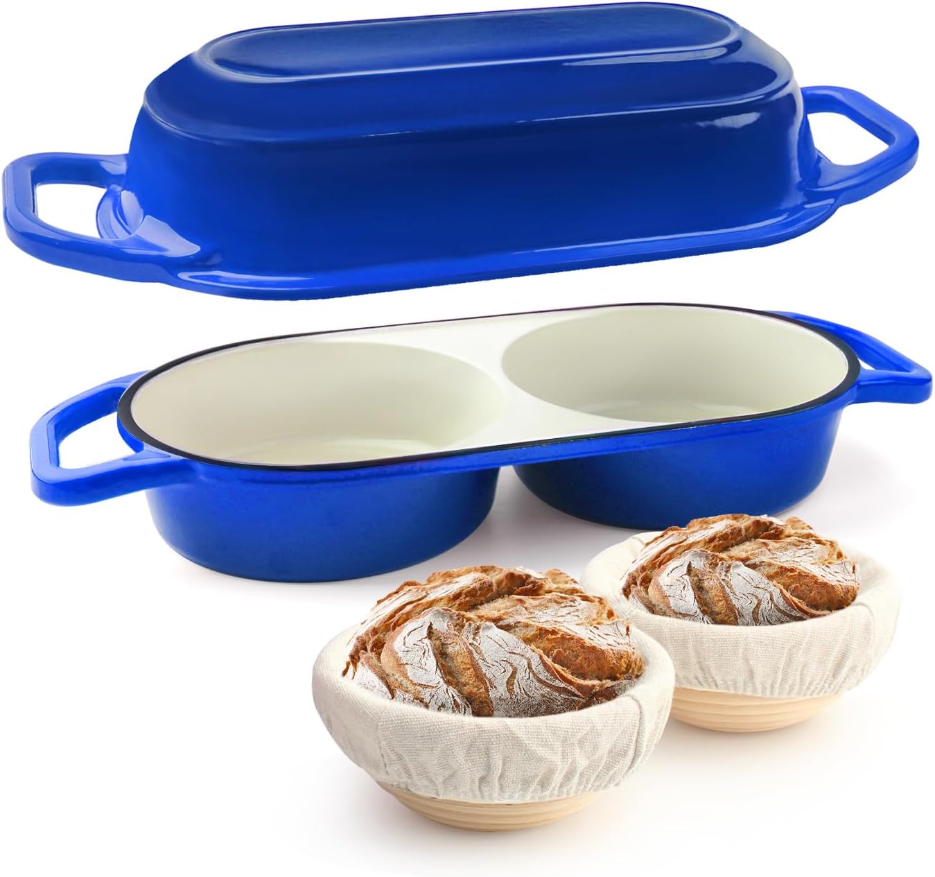YONILL Mini Double Dutch Oven for Sourdough Bread Baking - Enameled Cast Iron Dutch Oven Pot with Lid and 5" Banneton Bread Proofing Basket Kit, Dual Round Bread Loaf Pan for Homemade Baking (Dark Blue)