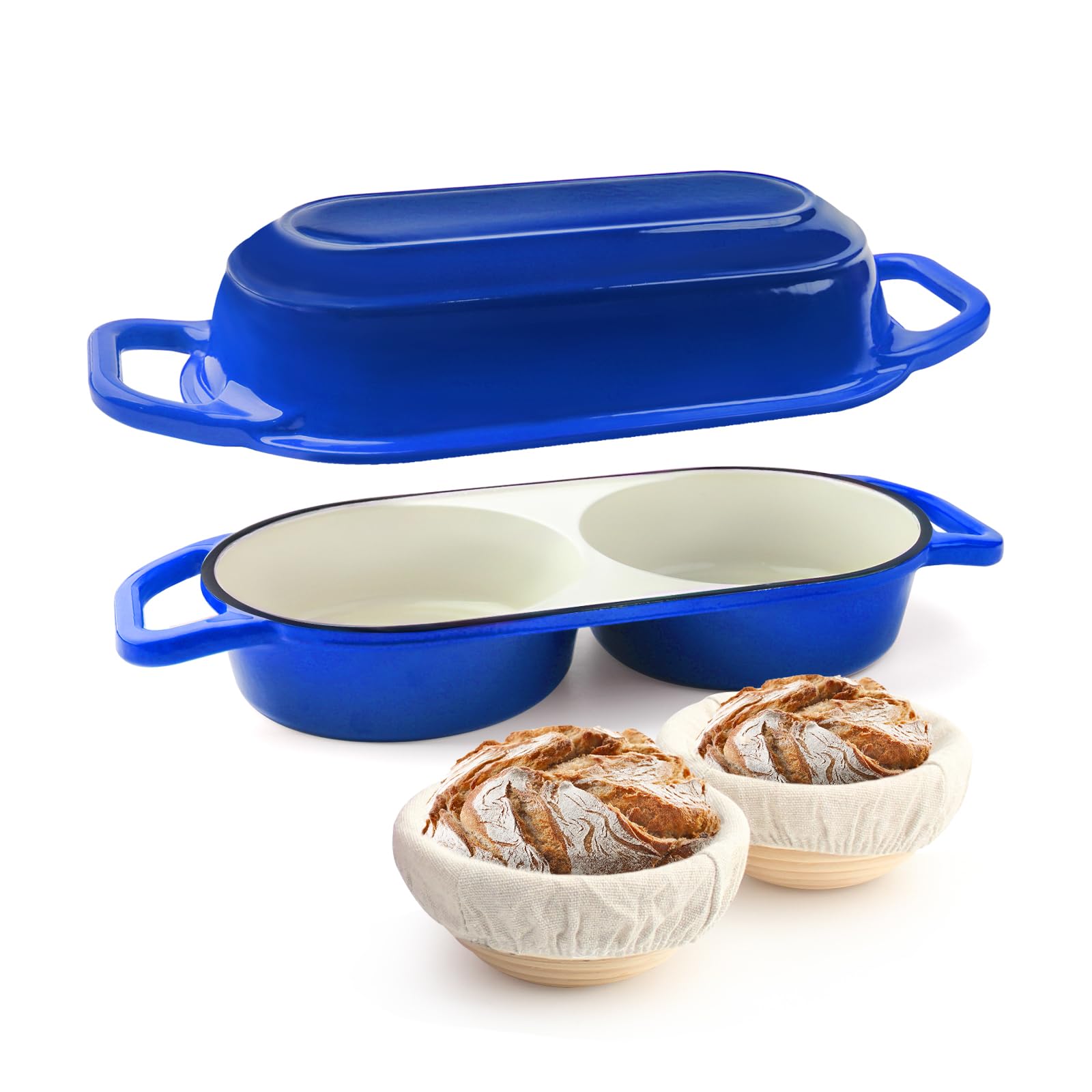Photo 1 of YONILL Mini Double Dutch Oven for Sourdough Bread Baking - Enameled Cast Iron Dutch Oven Pot with Lid and 5" Banneton Bread Proofing Basket Kit, Dual Round Bread Loaf Pan for Homemade Baking (Dark Blue)