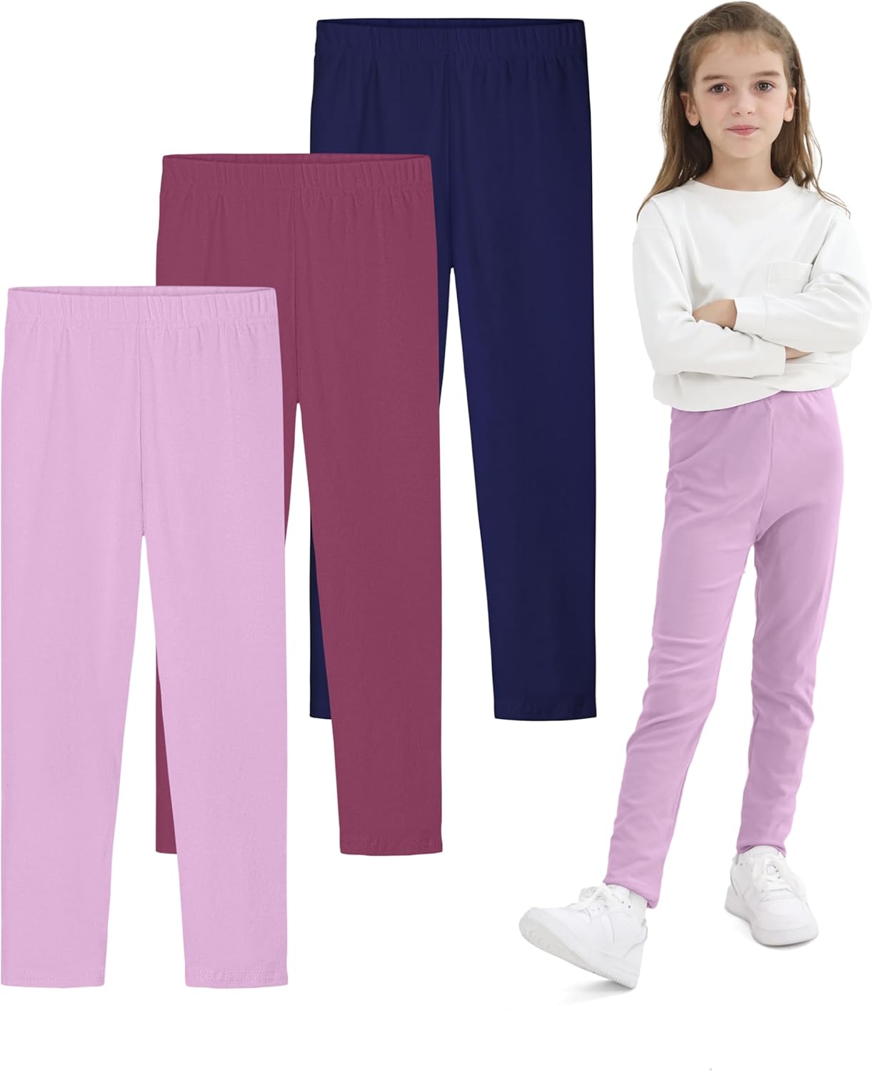 Resinta 3 Pack Girls Leggings Cotton Full Length Leggings Soft Comfortable Footless Stretchy Tights Pants for Kids