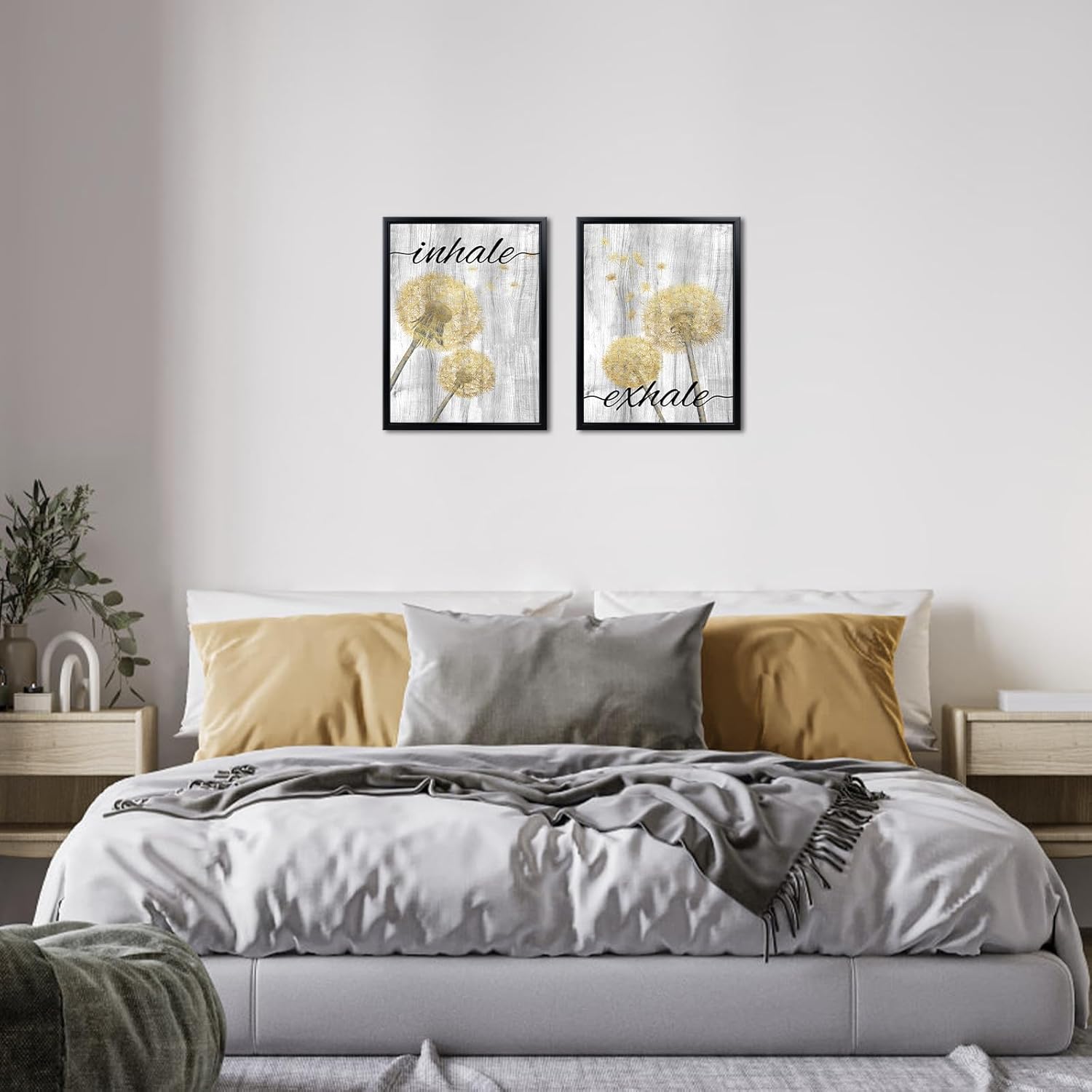 Yellow And Gray Dandelion Wall Art Framed Set of 2 Bathroom Wall Decor Inhale And Exhale Quote Floral Paintings Prints Canvas Wall Art for Office Living Room Bedroon Decor