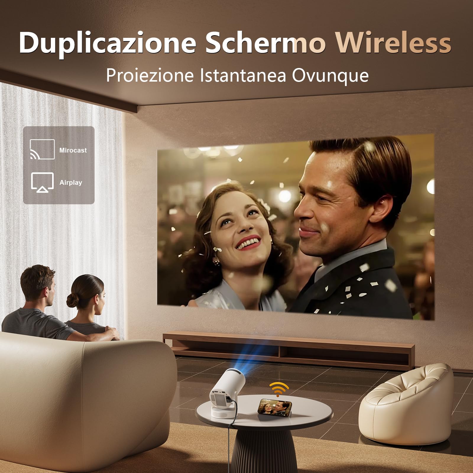 Mini Proiettore Intelligente Video Hi-Fi Aggiornato 4K 1080P, 300 Lumens ANSI, WIFI6 & Bluetooth