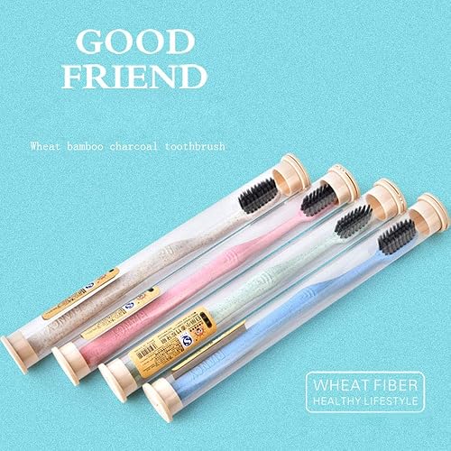 Miniatura 4 de Juego de 10 piezas portátil con mango de paja de trigo, cepillo de dientes manual de fibra de bambú suave, dientes brillantes, cepillo de dientes de