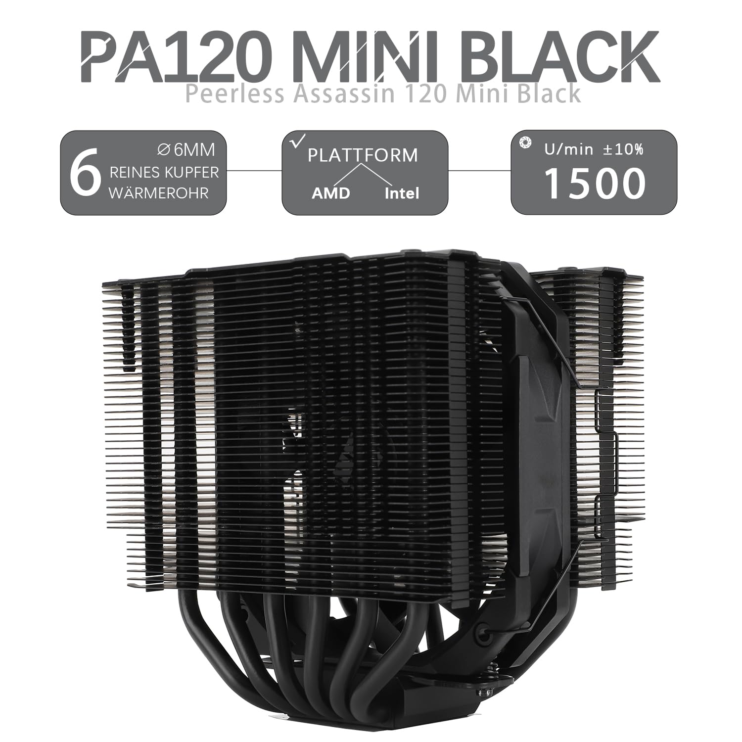 TR-Thermalright Peerless Assassin 120 MINI Negro Enfriador de CPU, Doble Torre con Heatpipes de 6x6mm, Cubierta Superior Negra, para AM5/AM4,lga1851/1700/115x