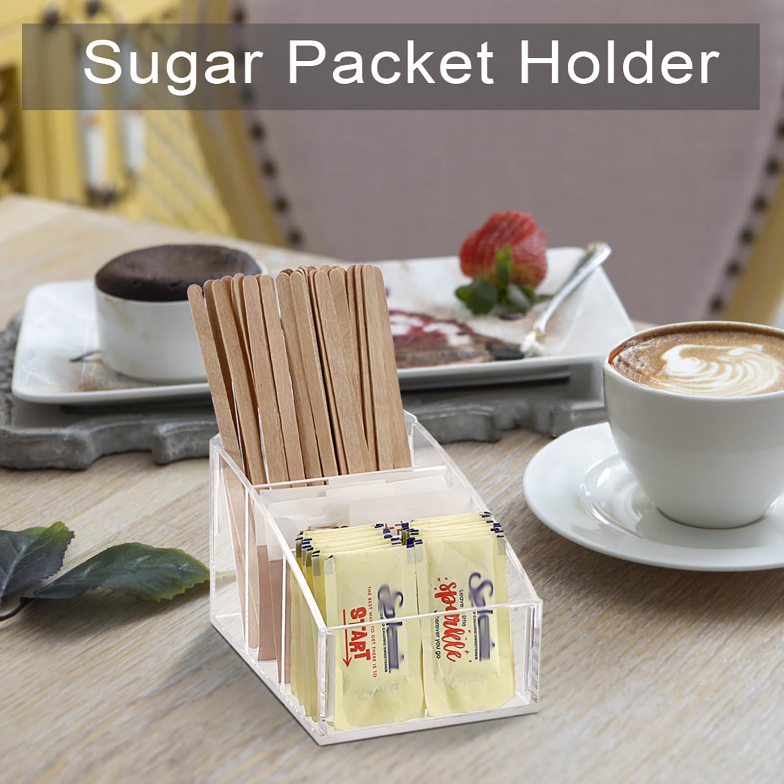 SUMNACON Soporte para paquetes de azúcar, soporte acrílico para bolsas de té, cesta de embalaje de azúcar, organizador para paquete de especias, bolsas de té, cápsulas de café en la encimera, barra de