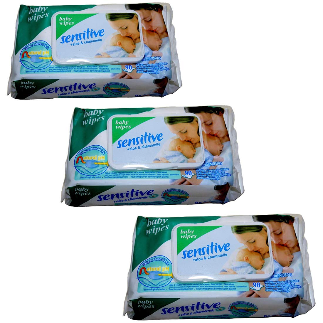Ineffable Sensitive Baby Cotton Wipes with Flip Top Soft Cleansing Anti Bacterial Travel Pack Parabeen Free + Aloe and Chamomile with 90 Wipes in 1 Pack