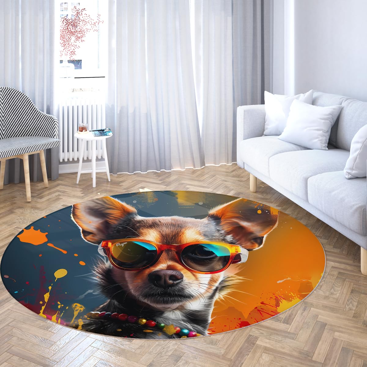 Pop Art modne dywaniki 160 cm okrągły dywan szczeniak noszenie kolorowego naszyjnika sztuka dla zwierząt zmywalny dywan do pokoju w akademiku sypialni domu dekoracyjny antypoślizgowy spód