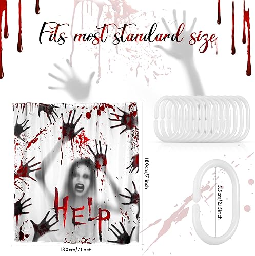 Miniatura 2 de Cindeer Cortina de ducha de Halloween, manos sangrientas aterradoras, diseño de fantasma, cortina de baño de poliéster impermeable con ganchos, 71 x