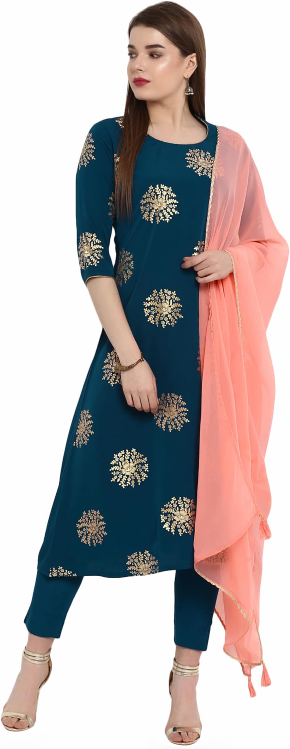 Janasya Indian Tunic Tops Crepe Kurti Set with Dupatta for Women