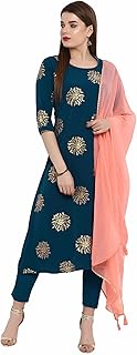 Janasya Women's Poly Crepe A-Line Kurta With Pant and Dupatta Price In India