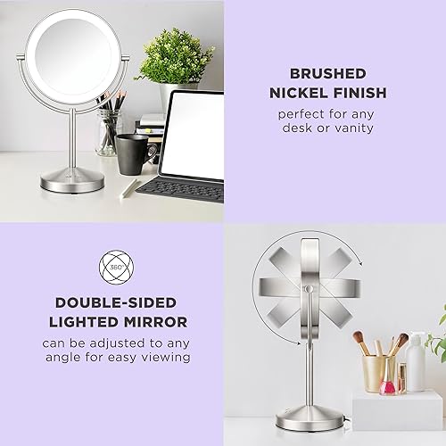 Miniatura 5 de Conair Espejo de maquillaje iluminado, espejo de tocador LED, espejo de aumento 1X10x, con cable en acabado de níquel satinado