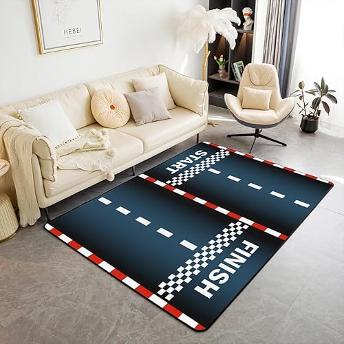 Miniatura 48 de Alfombra decorativa de coche de carreras de 5 x 6 pies 6 pulgadas, alfombra de motocross para interiores para sala de juegos, mesita de noche, sofá,