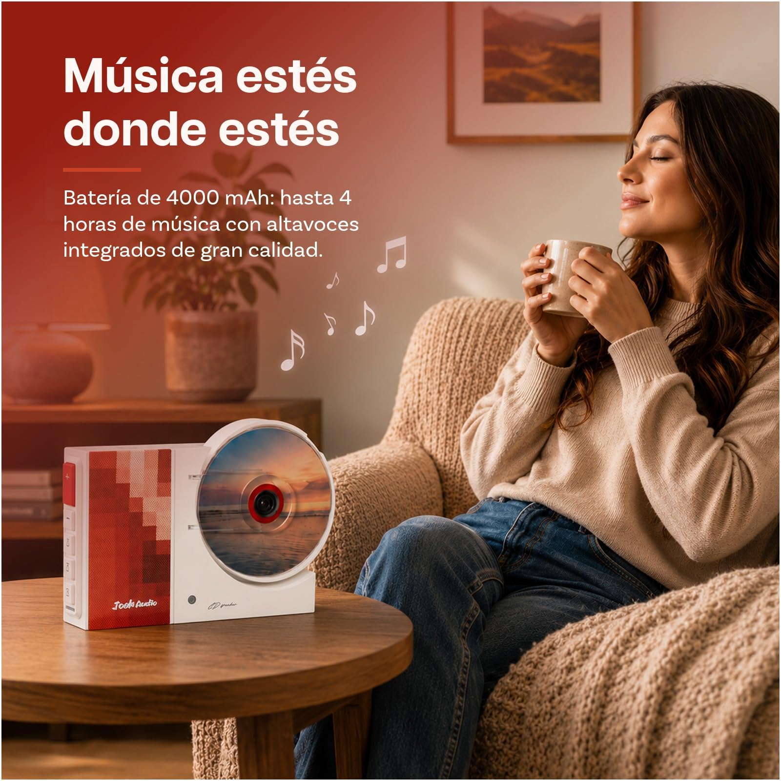 Reproductor de CD Retro, Altavoces Integrados y Emisor Bluetooth de MMOBIEL | Montaje en Pared sin Taladrar, Portátil, Reproducción USB, Salida AUX, Mando a Distancia – 6W Power, 88Hz–20kHz & 4000 mAh