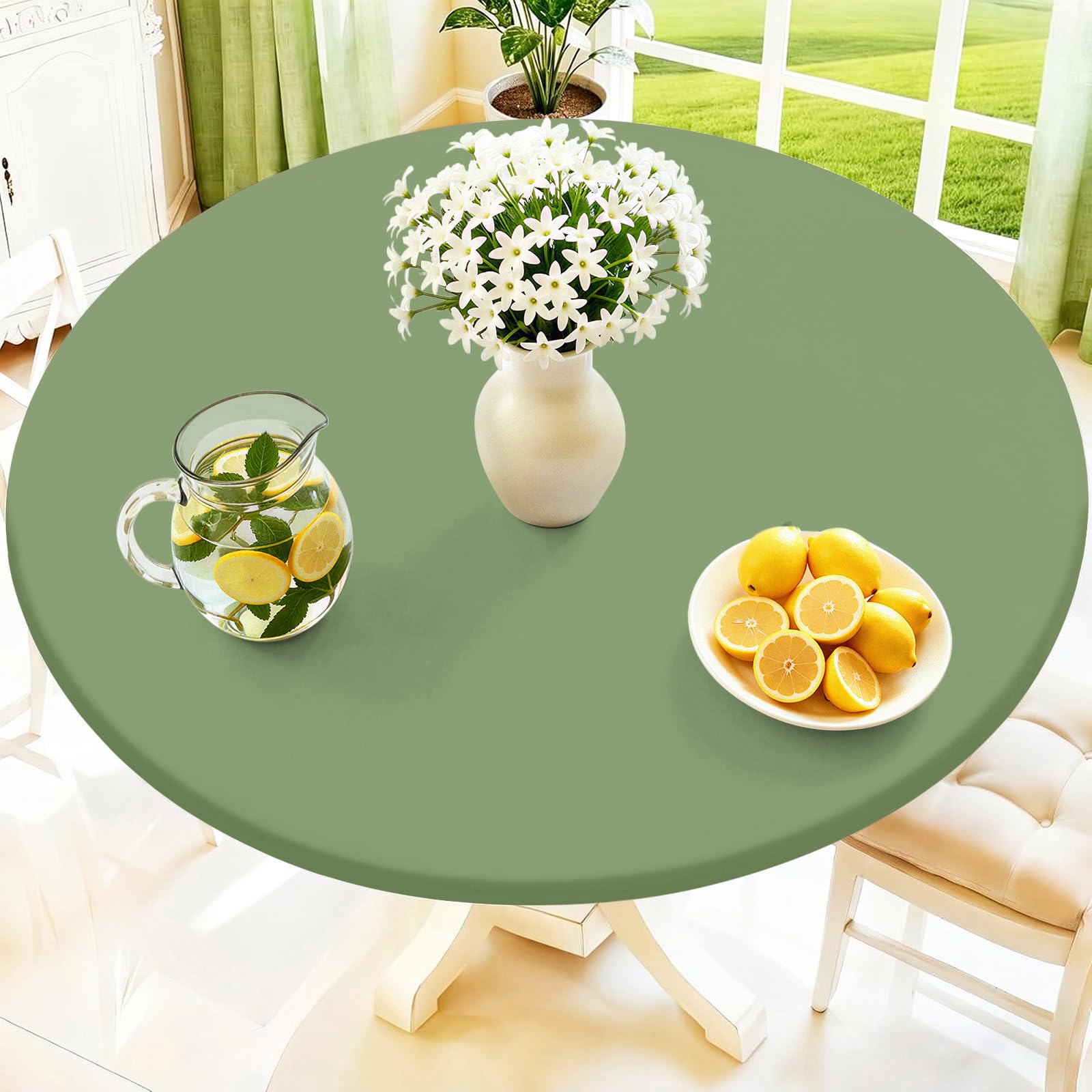 Moosfor Round Spandex Tablecloth, Elastic Fitted Waterproof Tablecloths for 25"-30" Tables, Stretch Washable Picnic Table Cover for Camping, Dining, Indoor and Outdoor, Sage Green — image 1