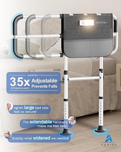 Miniatura 3 de Rieles de cama para adultos mayores, riel de asistencia de cama ajustable para personas mayores con luz de movimiento y bolsa de almacenamiento,
