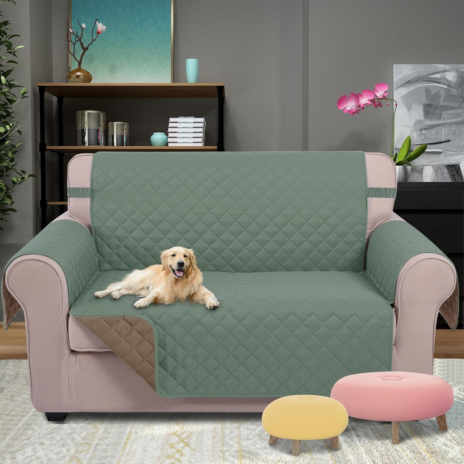 u-nice home loveseat sofa cover reversible couch cover for dogs with elastic straps water resistant furniture protector for pets couch cover for 2 cushion couch (loveseat, greyish green/taupe) greyish green/taupe 54"loveseat-medium