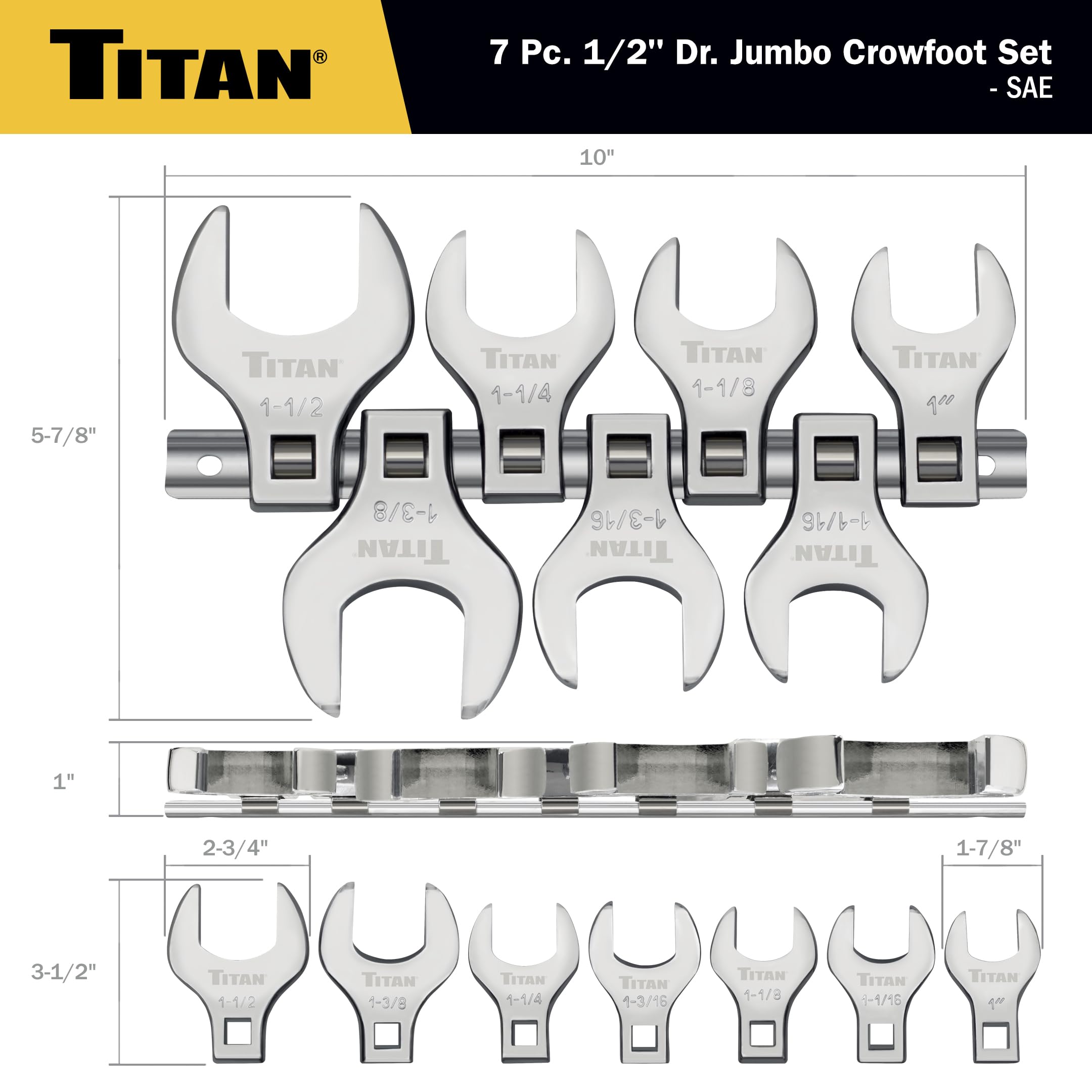 Titan 17671 Jeu de 7 clés à molette SAE Jumbo Crowfoot 1/2"