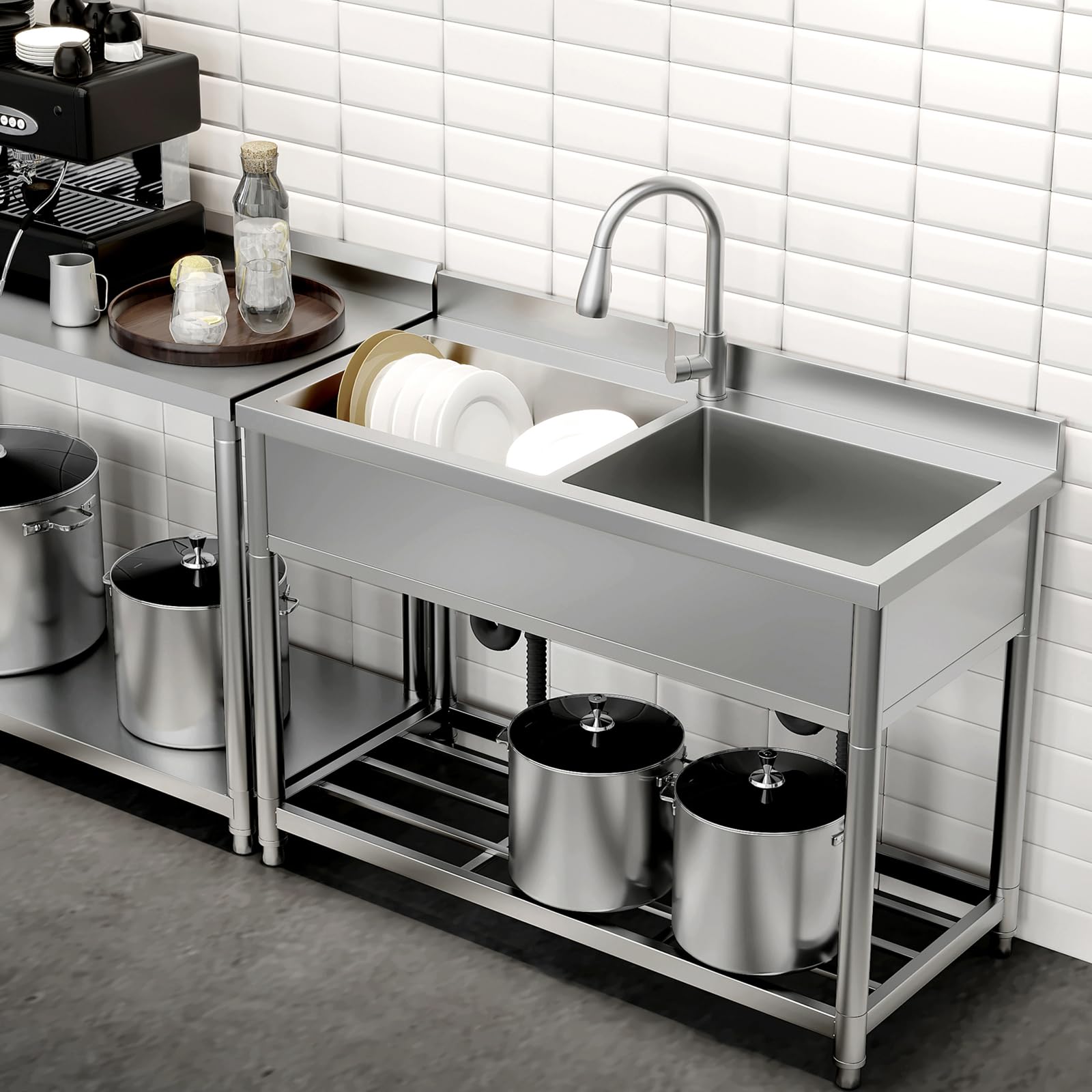 Lavello Indipendente in Acciaio Inox 2 Vasche, Lavandino Industriale con Rubinetto, Lavandino da Esterno, Lavello Professionale per Cucina, Garage, Lavanderia, Ristorante, 55P x 120L x 94H cm