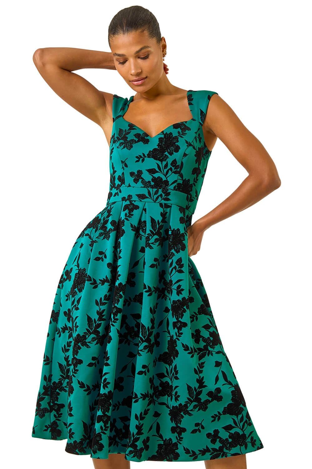 Roman Women's Teal Glitter Floral Flocked Premium Stretch Dress Size 16