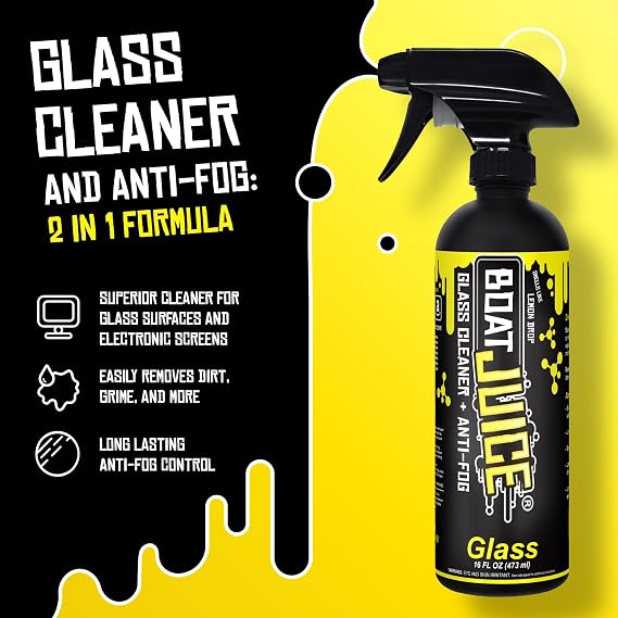 Boat Juice 2in1 Boat Glass Cleaner & Anti-Fog Spray | Boat Cleaner for Glass, Windows, Electronic Screens | Lemon Drop Scent | Marine Detailing & Cleaning Supplies, Accessories | Made in USA (16oz)