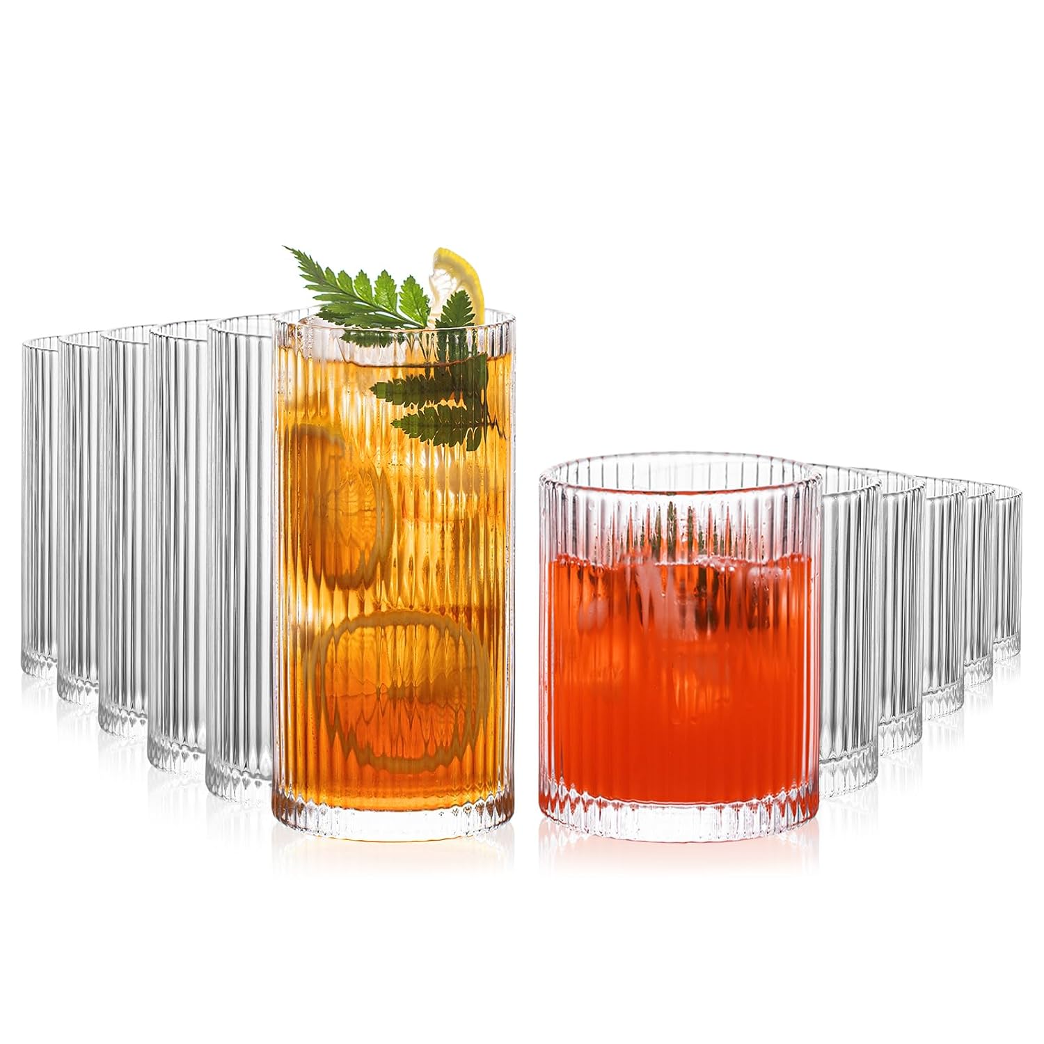 INSETLAN 12-Piece Ribbed Glassware - 6 Highball Glasses 12 oz 6 Rocks Glass Cups 14 oz Vintage Cocktail