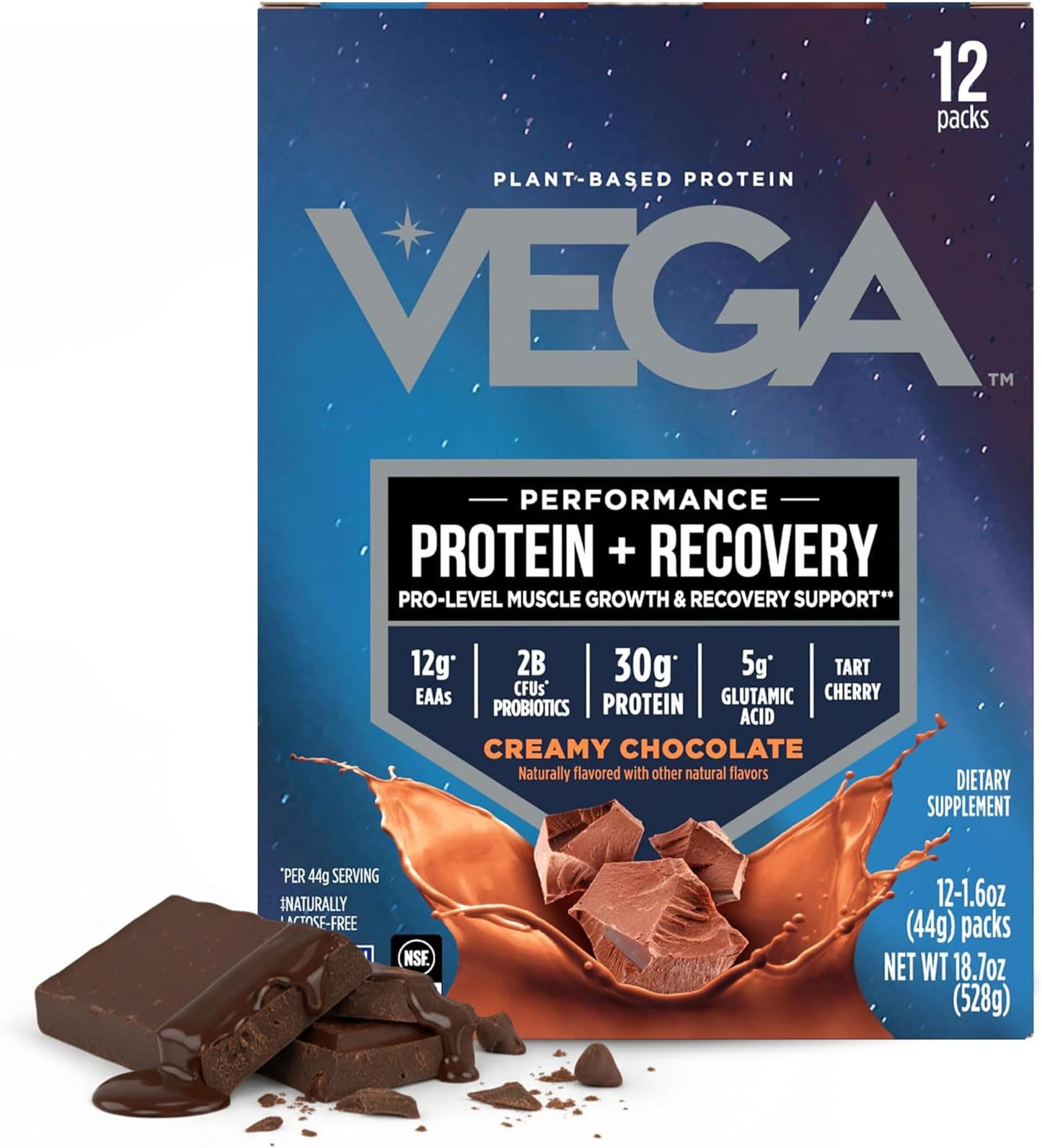 Vega Protein + Recovery, Chocolate – 30g Vegan Protein, Dairy & Gluten Free, Probiotics, NSF Certified, 12 x 1.6 oz Packets (12 Servings)