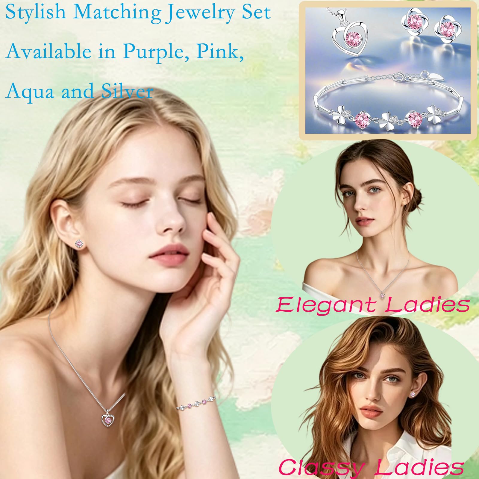 Schmuck Set Damen Silber 925, Set mit Weiß Rosa Blau Lila Zirkonia | Herz Halskette & Klee Armband & Klee Ohrstecker, 45cm Liebe Halskette Ohrringe Ohrstecker Armkette, Hypoallergen für Frauen