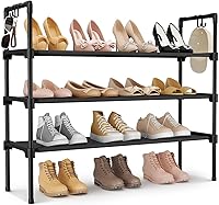 LANTEFUL 3 Tier Stackable Shoe Rack with 5 Hooks - Space-Saving Organizer for Closet, Entryway, Dorm, Garage Holds 16-20 Pairs