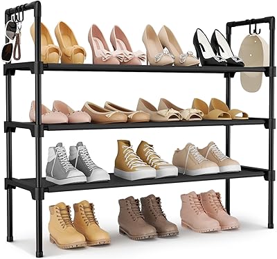 3 Tier Shoe Rack for Closet, Shoe Organizer with 5 Hooks, Long Shoe Shelf Storage for Sneaker and Boot Stackable Free Standing Shoe Rack for Entryway, Garage, Small Spaces, Dorm