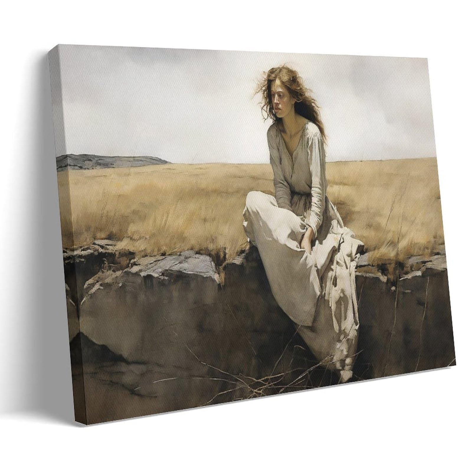 Rural Landscape Wall Art Print - Christina's World by Andrew Wyeth, Realism Seated Woman Painting Wall Art Picture Painting Canvas Prints Artworks Bedroom Living Room Decor Frame 08x12inch(20x30cm)