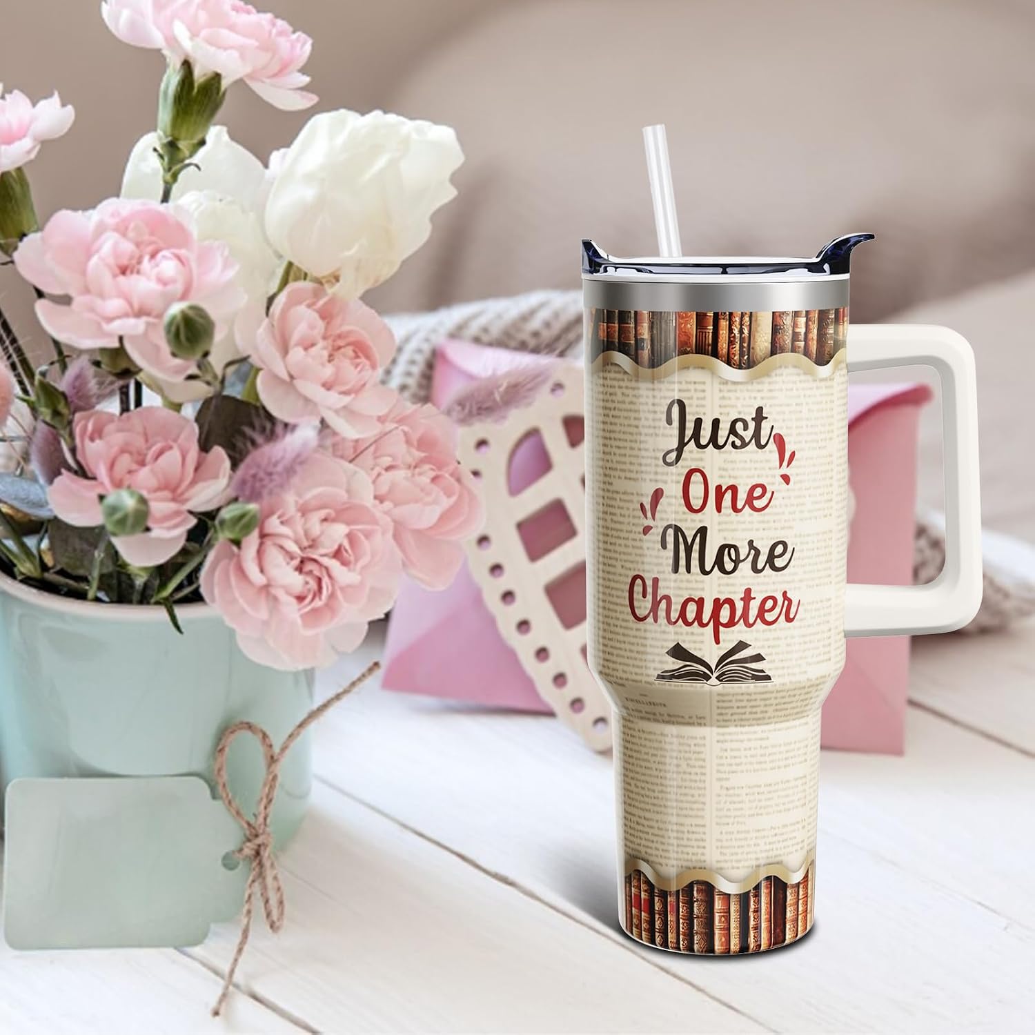 Book Lover Gifts 40oz Tumbler with Handle and Lid Straw, Bookworm Gift Stainless Steel Insulated Cup Water Bottle for Women Men 1PC