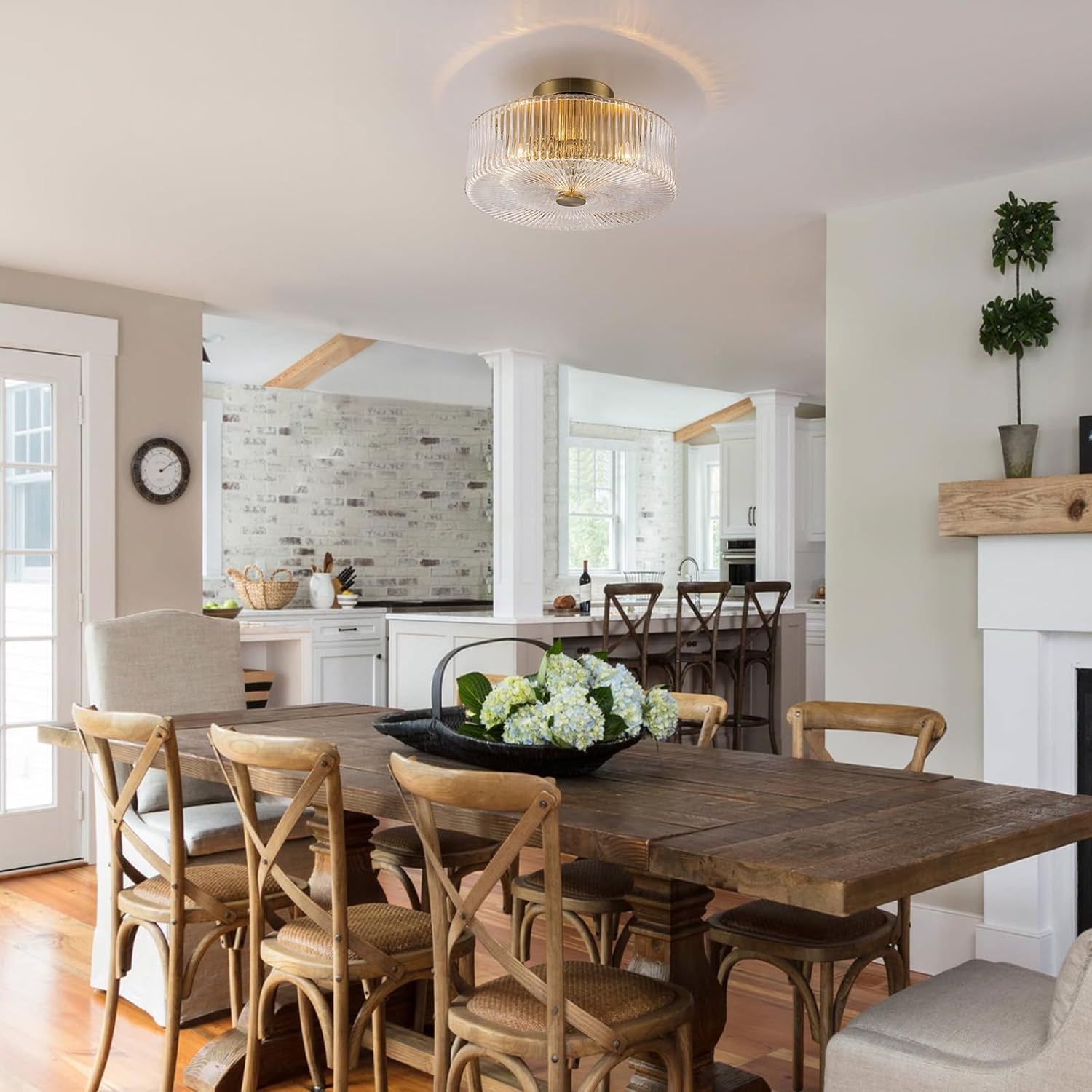 Mid-Century Modern Gold Semi Flush Mount Ceiling Light,3-Light Kitchen Ceiling Light Fixture with Clear Striped Glass Shades,for Bedroom,Hallway,Entryway (13.9 inch)