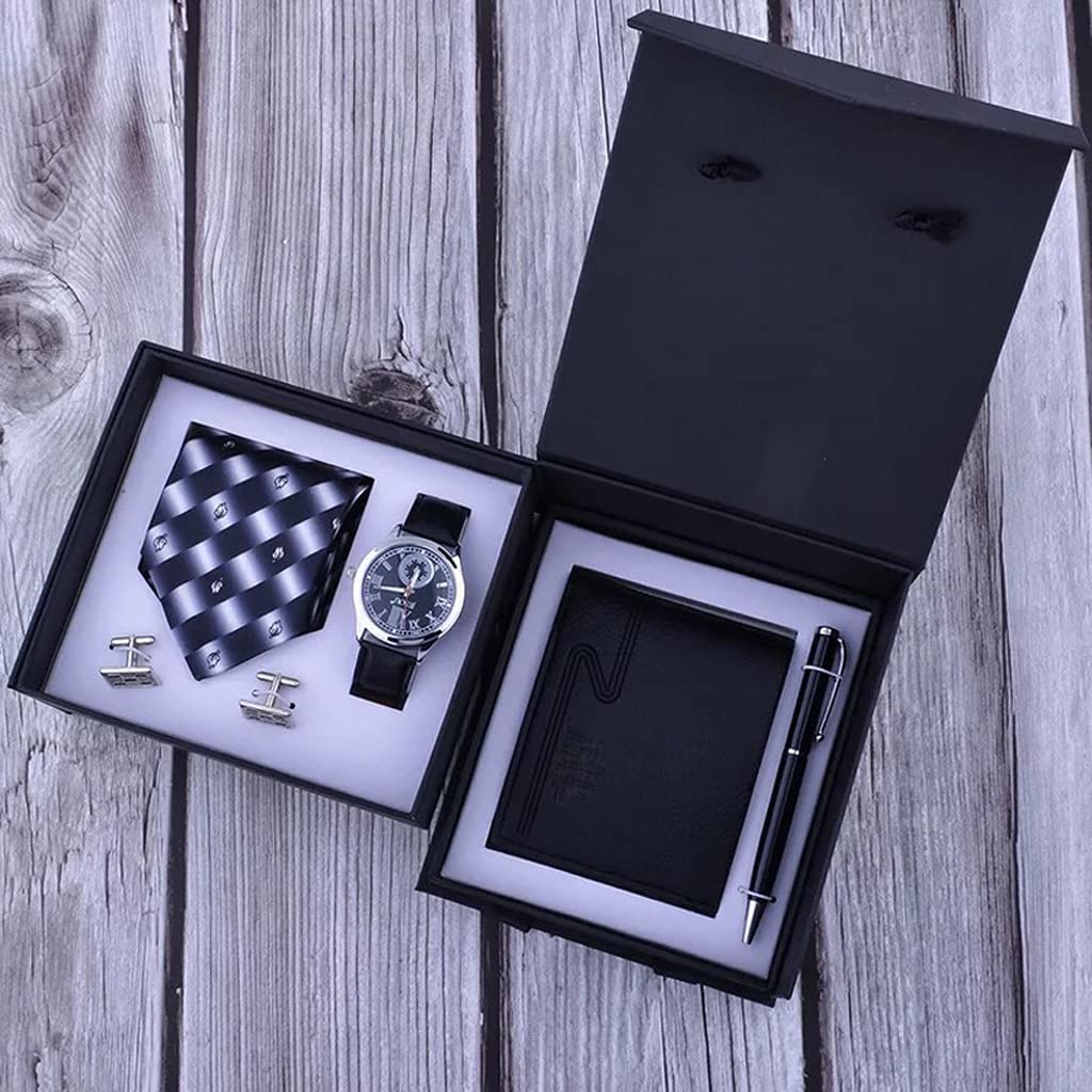 HMTE Cofanetto Regalo da Uomo Fashion Business Watch Portafoglio in Pelle Cravatta Gemelli Penna a Sfera Regalo di Compleanno per la Festa del papà da Uomo (Colore : Nero) (Nero)
